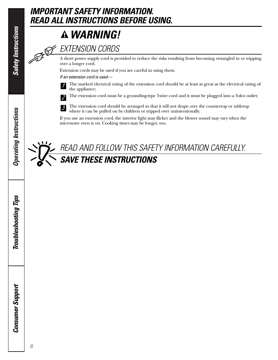 Warning, Extension cords | GE JE1140 User Manual | Page 6 / 24