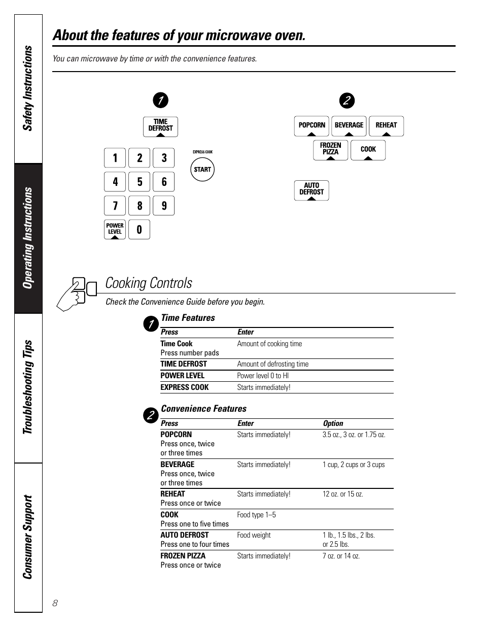 Cooking controls, About the features of your microwave oven | GE JE1140 User Manual | Page 8 / 24