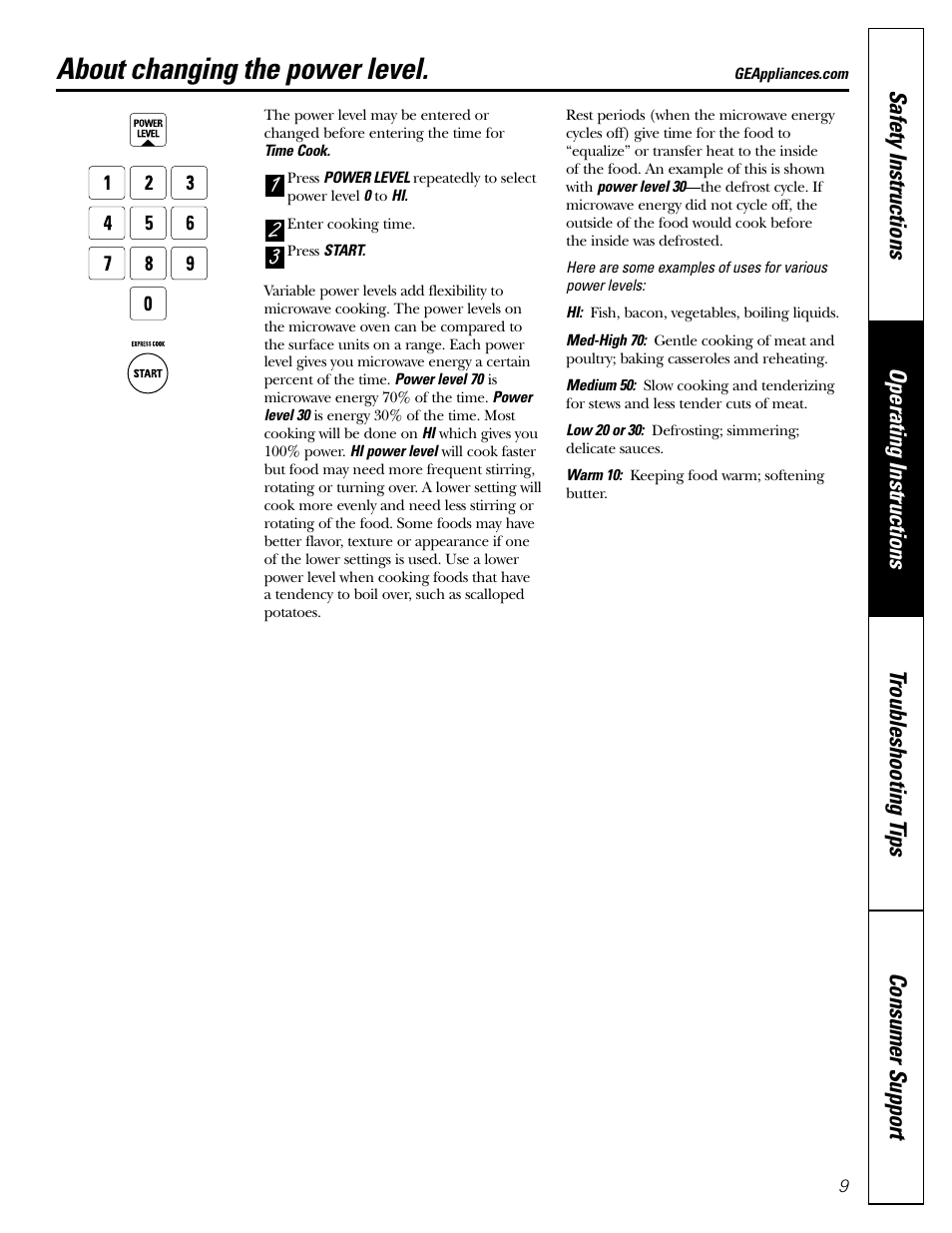 Power levels, About changing the power level | GE JE1140 User Manual | Page 9 / 24