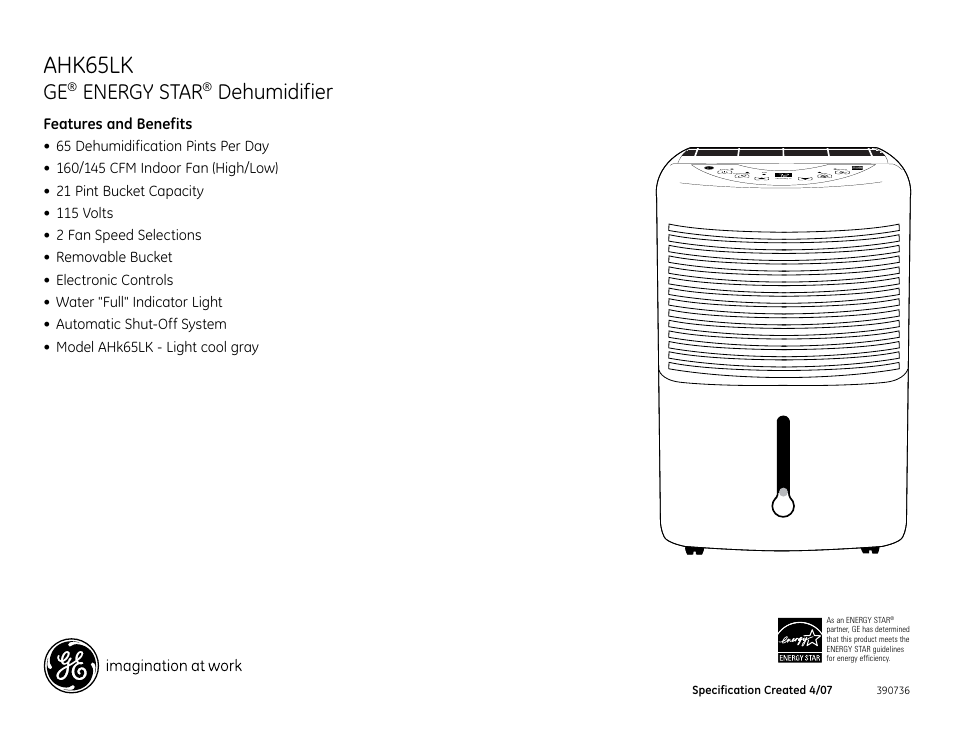 Ahk65lk, Energy star, Dehumidifier | GE AHK65LK User Manual | Page 2 / 2