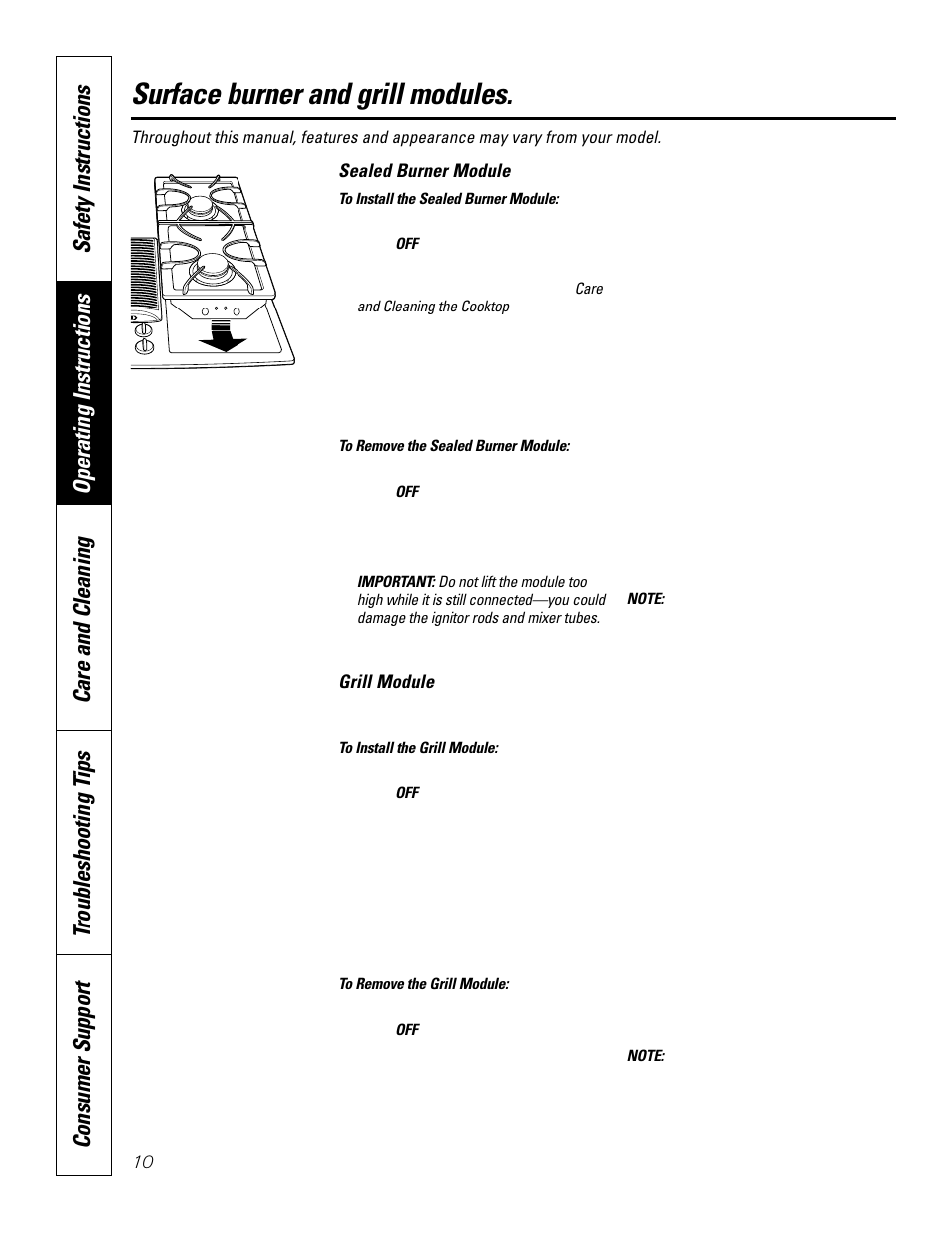 Grill module, Grill module –13, Surface burner and grill modules | GE JGP979 User Manual | Page 10 / 64