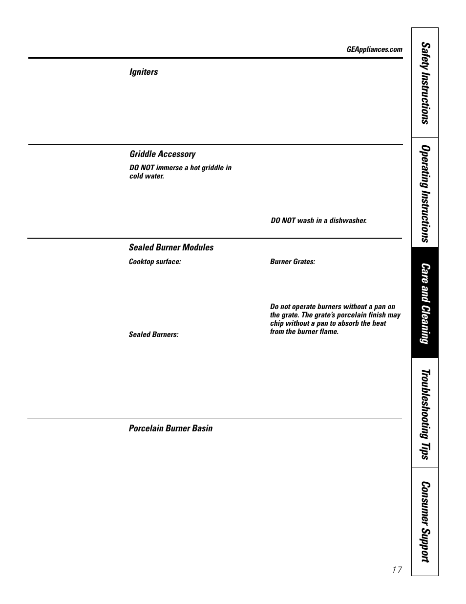 Griddle accessory, Igniters, Porcelain burner basin | Sealed burner modules, Igniters porcelain burner basin | GE JGP979 User Manual | Page 17 / 64