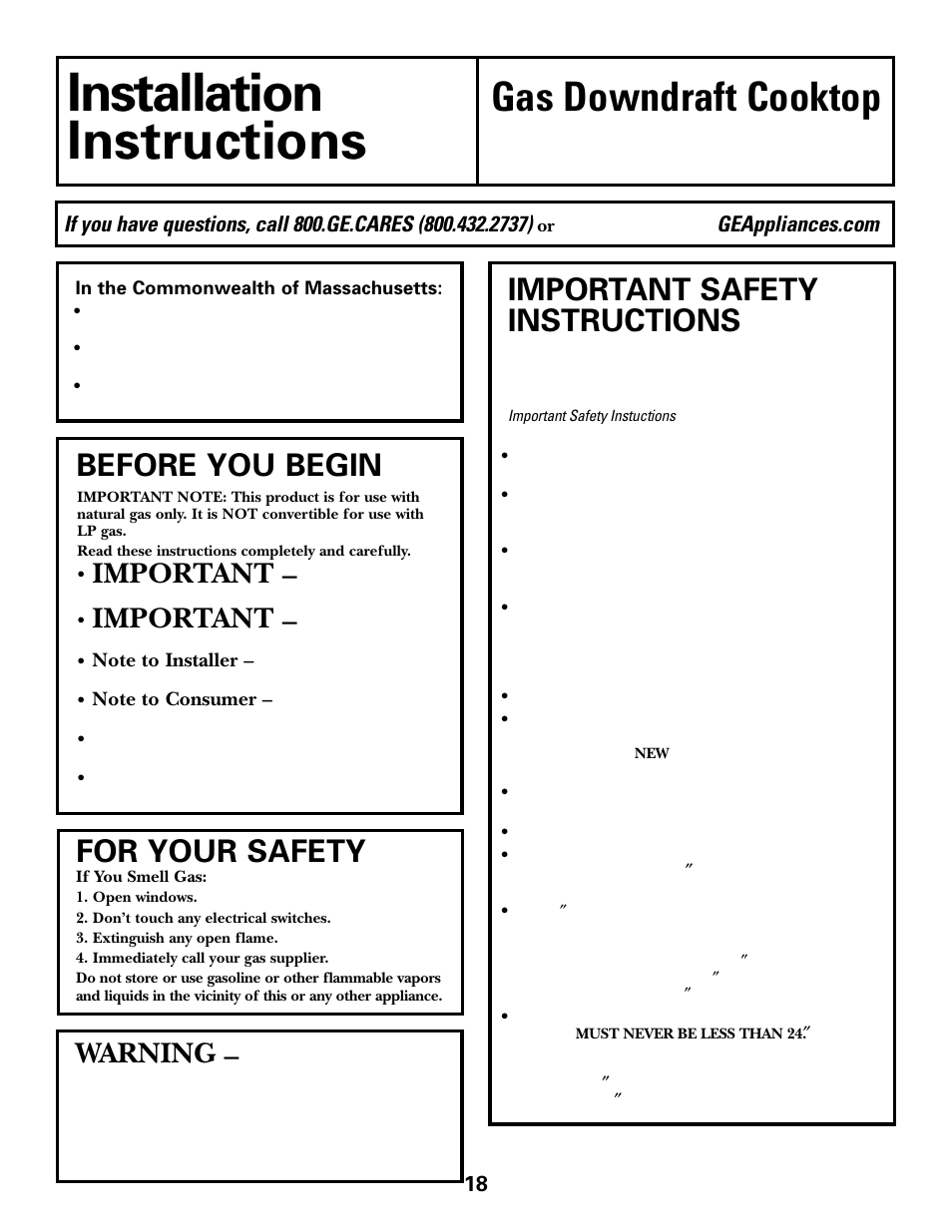 Safety instructions, Installation, Instructions | Gas downdraft cooktop, Important safety instructions, For your safety, Before you begin, Important, Warning | GE JGP979 User Manual | Page 18 / 64