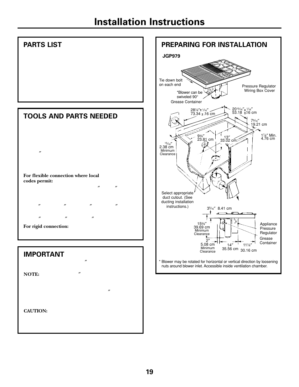Preparation, Preparation , 20, Installation instructions | Preparing for installation 19, Tools and parts needed, Parts list, Important | GE JGP979 User Manual | Page 19 / 64