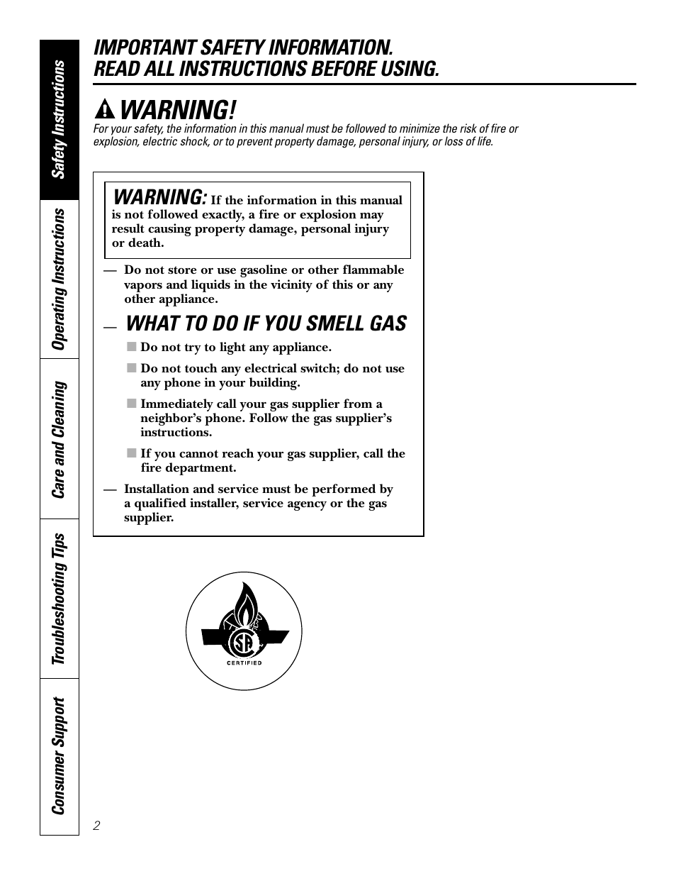 Safety instructions, What to do if you smell gas, Warning | GE JGP979 User Manual | Page 2 / 64