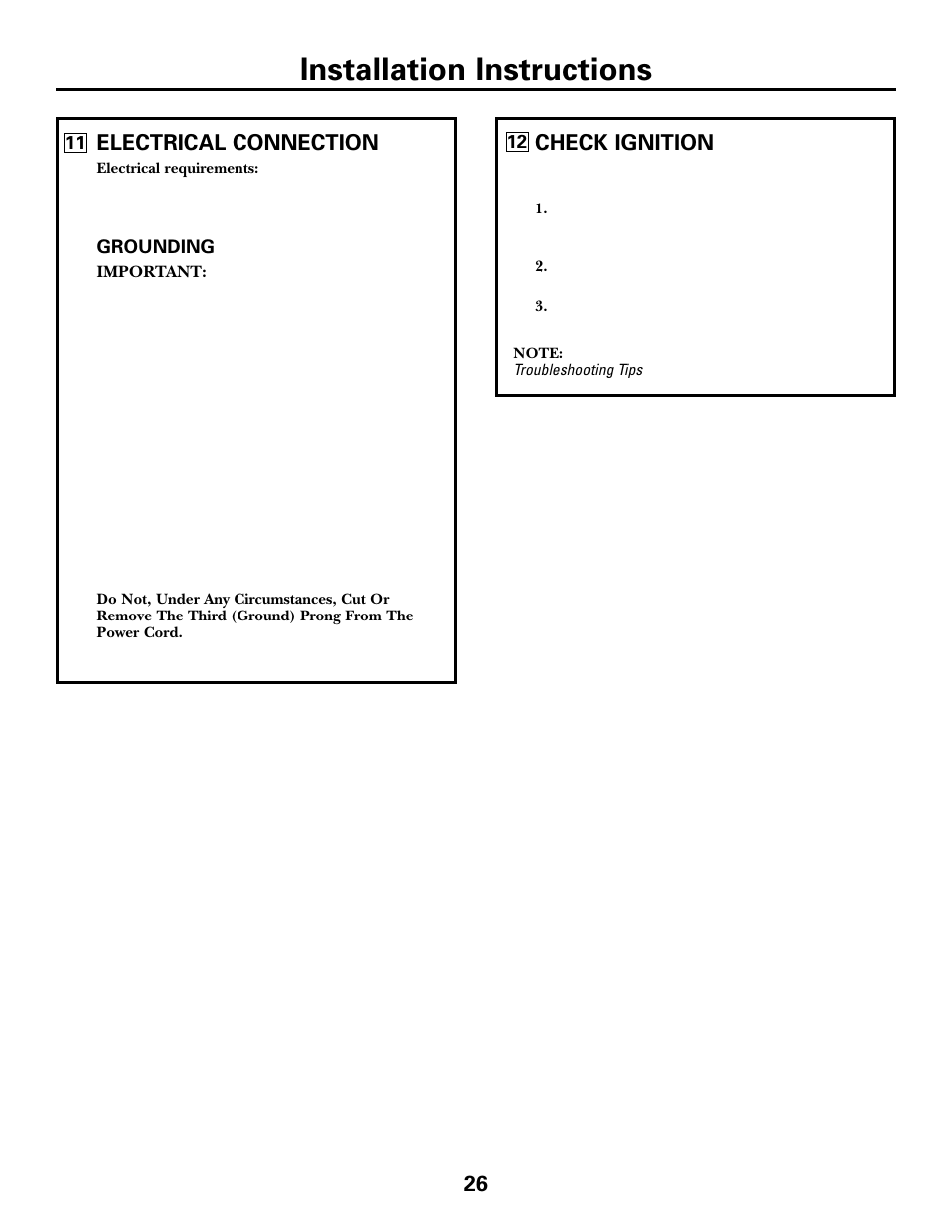 Installation instructions, Electrical connection, Check ignition | GE JGP979 User Manual | Page 26 / 64