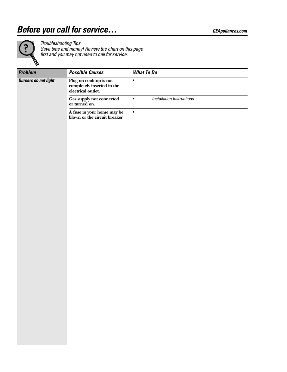 Troubleshooting tips, Before you call for service | GE JGP979 User Manual | Page 27 / 64