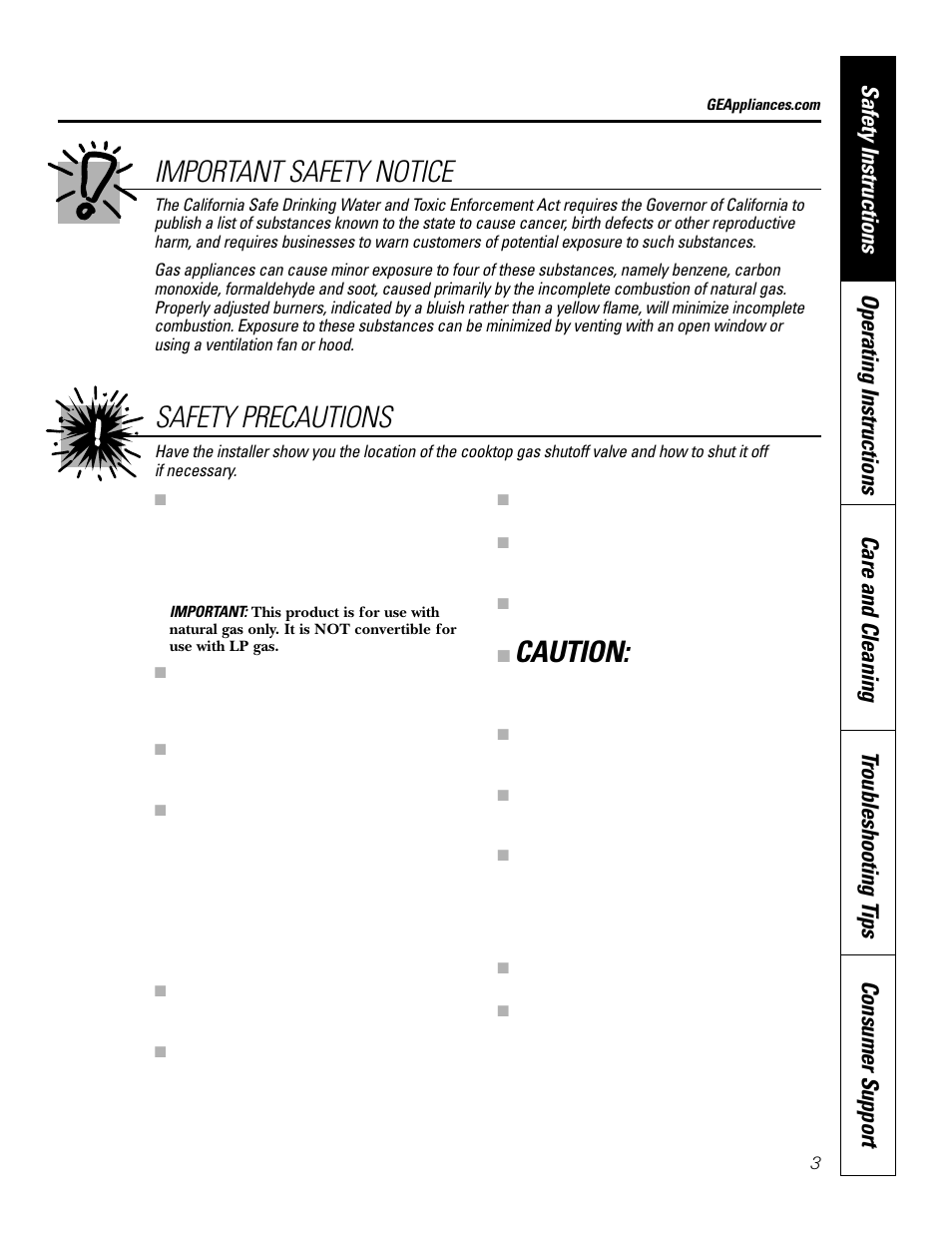 Important safety notice, Caution, Safety precautions | GE JGP979 User Manual | Page 3 / 64