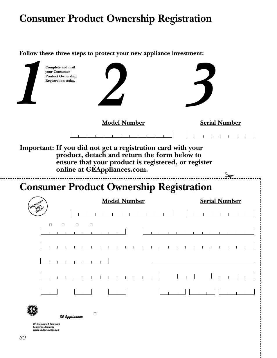 Consumer product ownership registration, Model number serial number | GE JGP979 User Manual | Page 30 / 64