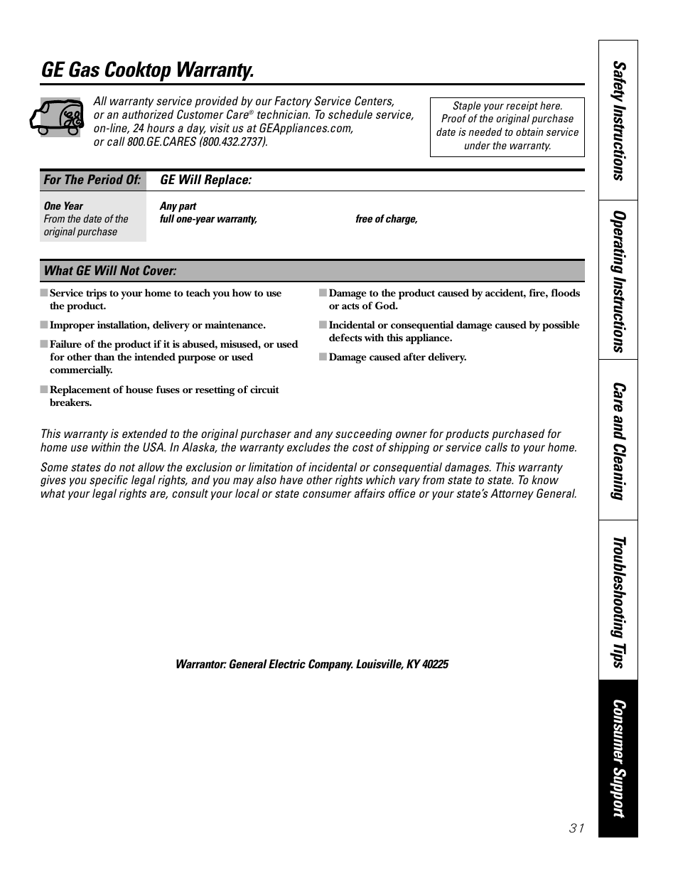 Warranty, Ge gas cooktop warranty | GE JGP979 User Manual | Page 31 / 64