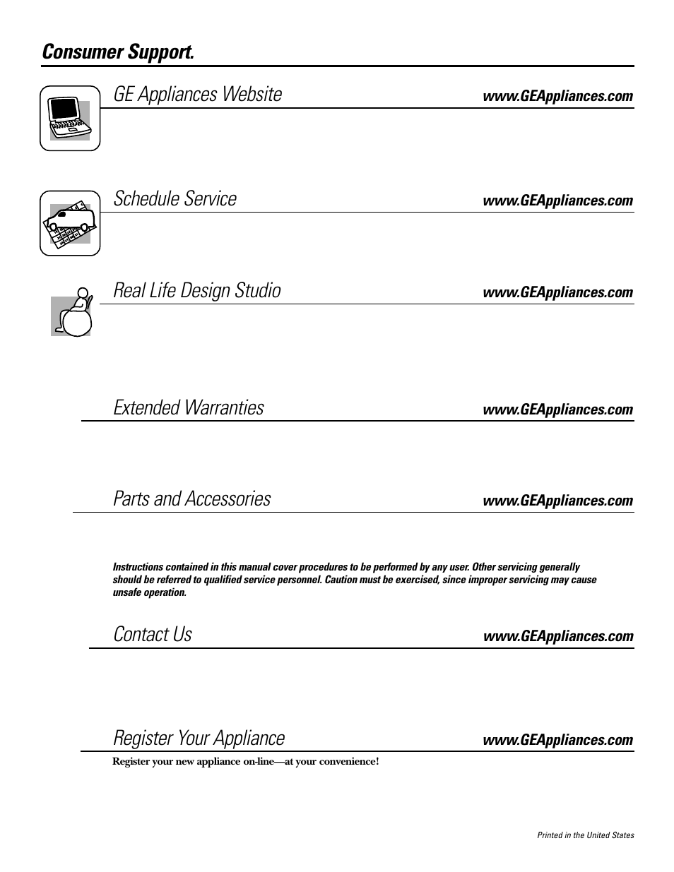 Consumer support, Consumer support. ge appliances website, Schedule service | Real life design studio, Extended warranties, Parts and accessories, Contact us, Register your appliance | GE JGP979 User Manual | Page 32 / 64