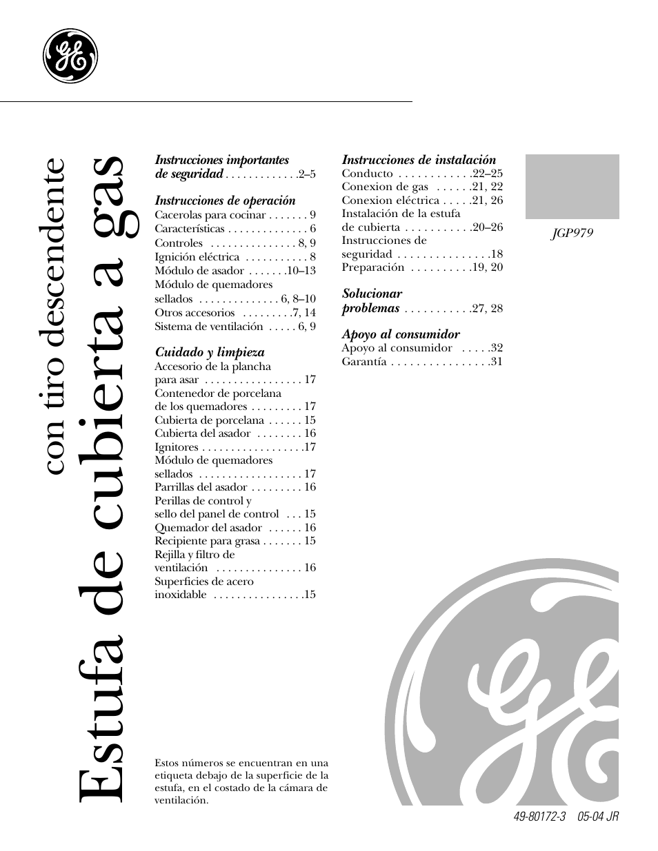Spanish table of contents, Instrucciones de operación, Cuidado y limpieza | Instrucciones de instalación, Apoyo al consumidor, Estufa de cubierta a gas, Con tiro descendente | GE JGP979 User Manual | Page 33 / 64