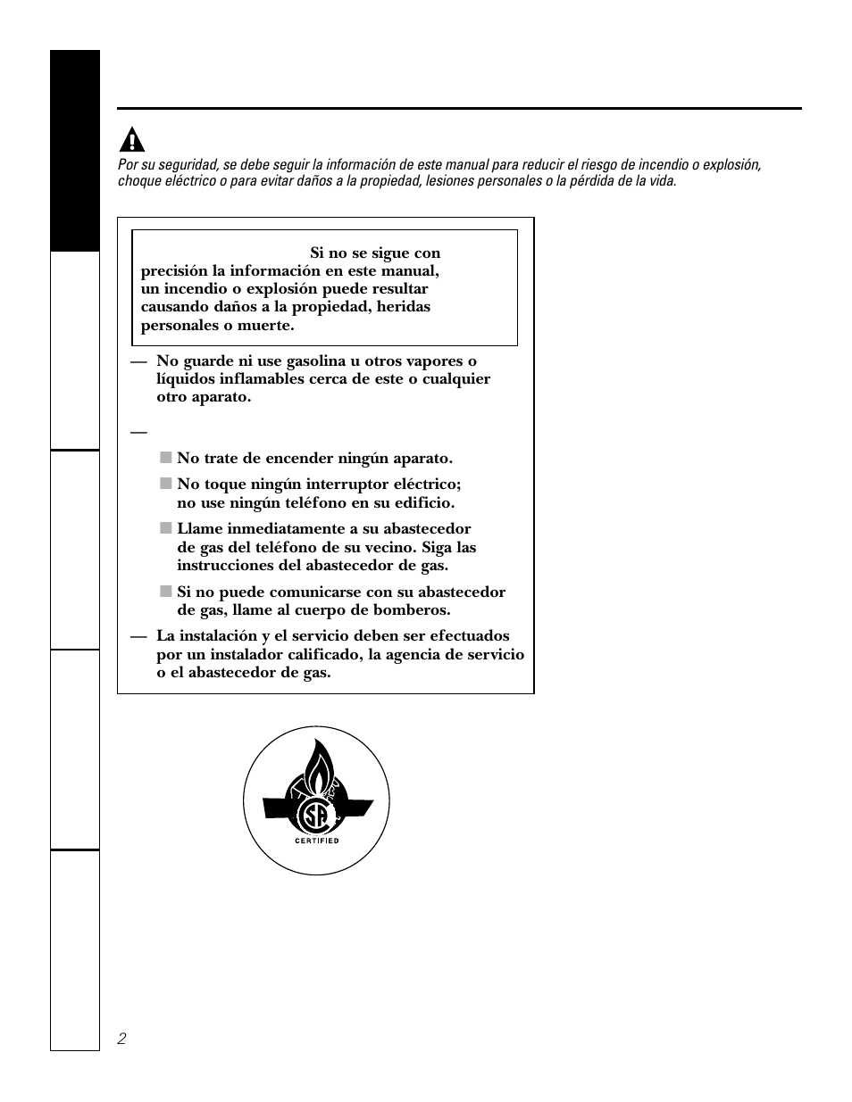 Instrucciones importantes de seguridad, Si huele a gas, Advertencia | GE JGP979 User Manual | Page 34 / 64