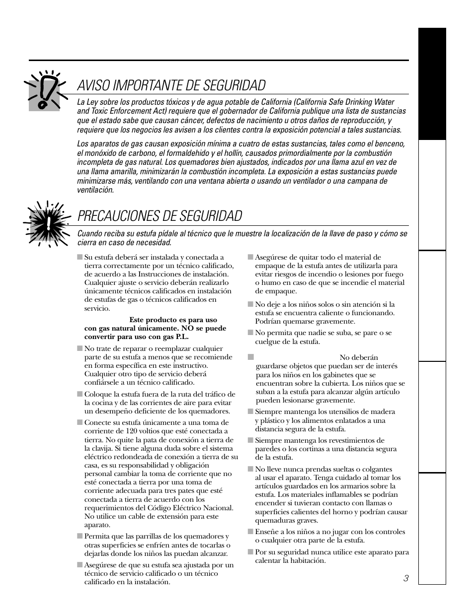 Aviso importante de seguridad, Precaucion, Precauciones de seguridad | GE JGP979 User Manual | Page 35 / 64