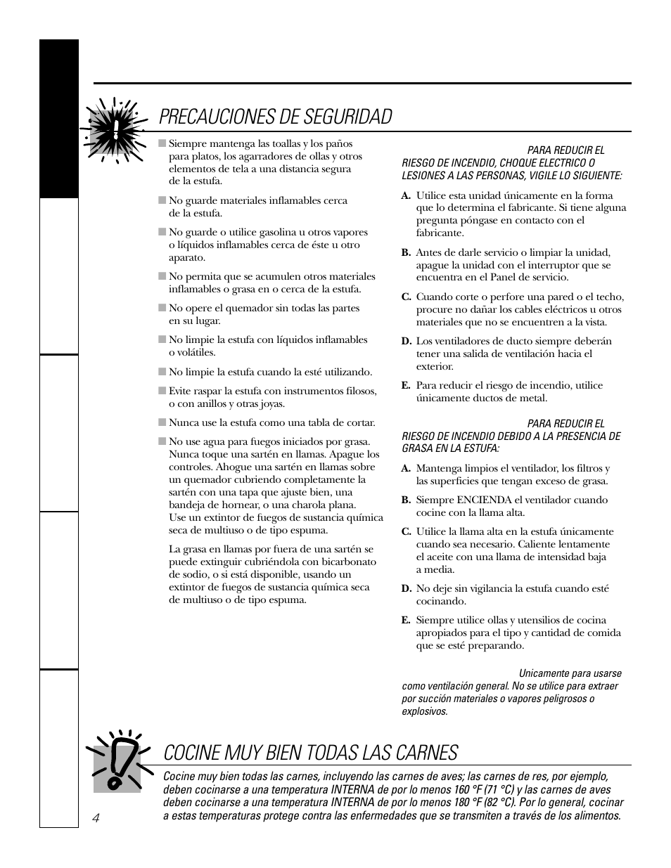 Advertencia, Precaucion, Precauciones de seguridad | Cocine muy bien todas las carnes | GE JGP979 User Manual | Page 36 / 64