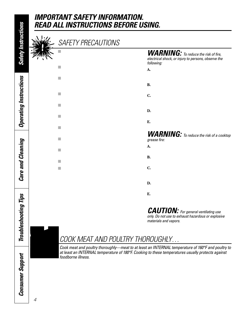 Warning, Caution, Safety precautions | Cook meat and poultry thoroughly | GE JGP979 User Manual | Page 4 / 64