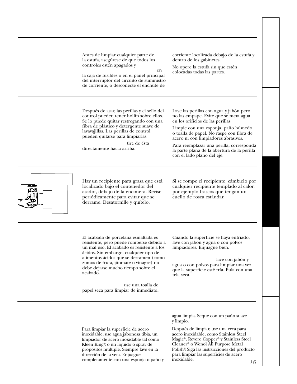 Cubierta de porcelana, Perillas de control y sello del panel de control, Recipiente para grasa | Superficies de acero inoxidable, Cuidado y limpieza | GE JGP979 User Manual | Page 47 / 64