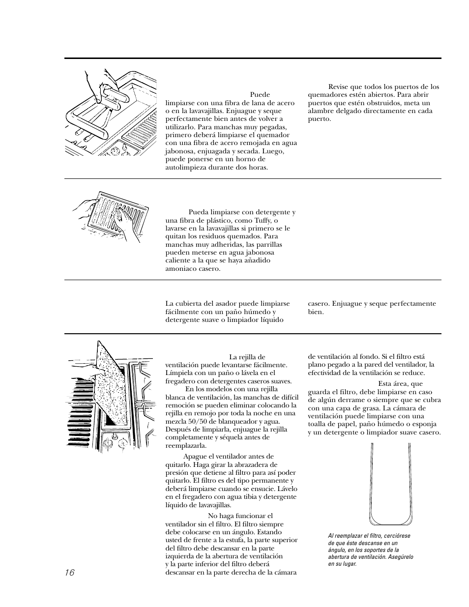 Cubierta del asador, Parrillas del asador, Quemador del asador | Rejilla y filtro de ventilación, Cuidado y limpieza | GE JGP979 User Manual | Page 48 / 64