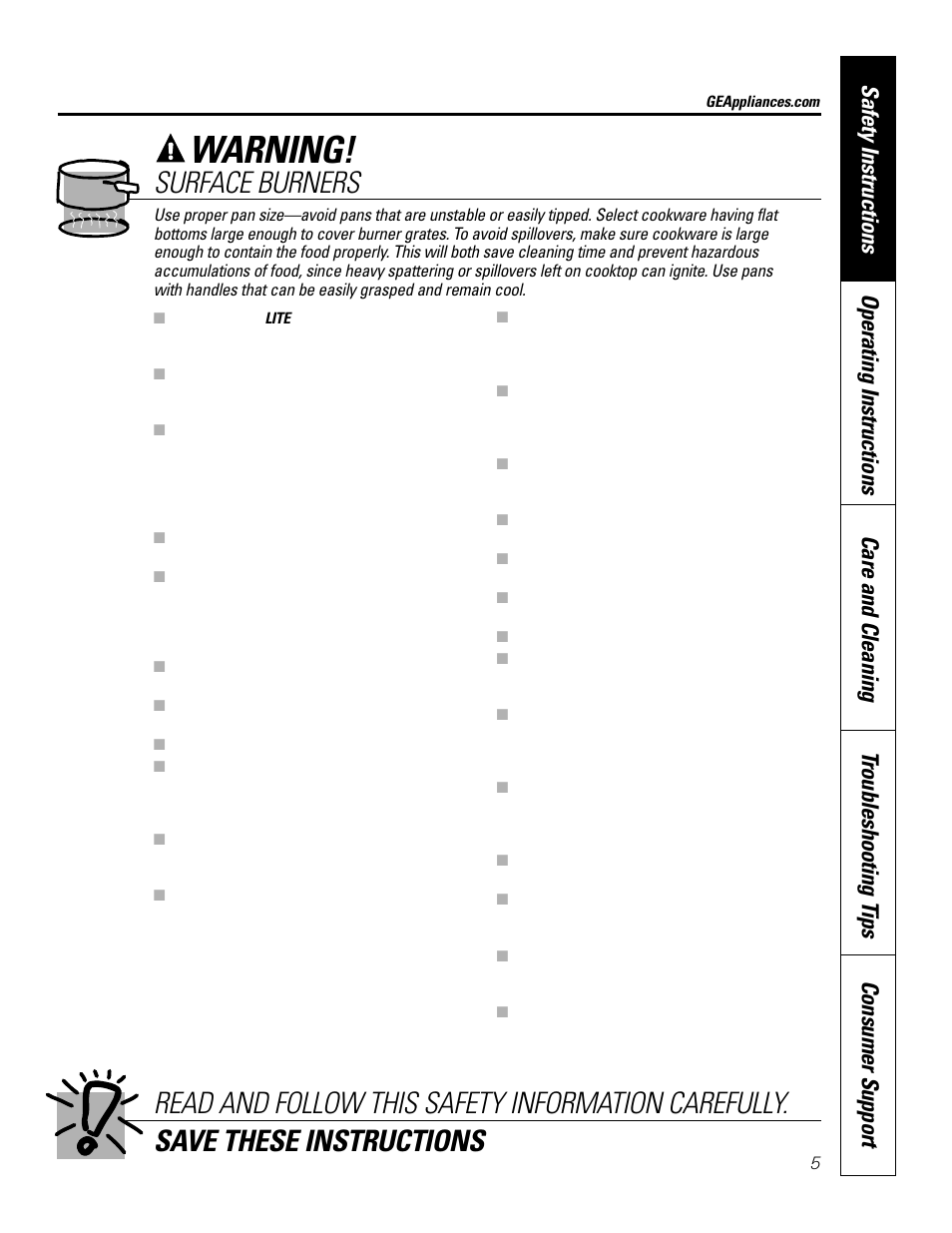 Warning, Surface burners | GE JGP979 User Manual | Page 5 / 64