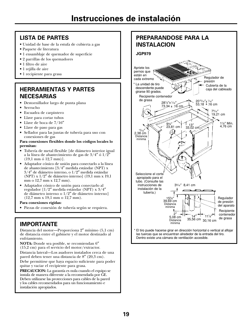 Preparación, Preparación , 20, Instrucciones de instalación | Preparandose para la instalacion, Herramientas y partes necesarias, Lista de partes, Importante | GE JGP979 User Manual | Page 51 / 64
