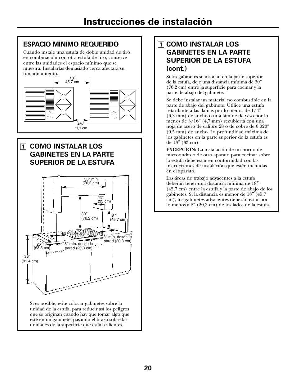 Instalación de la estufa de cubierta, Instalación de la estufa de cubierta –26, Instrucciones de instalación | Espacio minimo requerido | GE JGP979 User Manual | Page 52 / 64