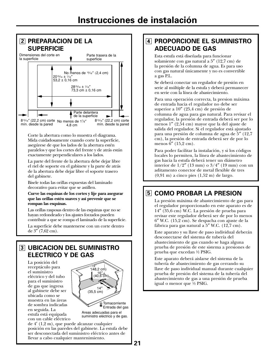 Conexion de gas, Conexion eléctrica, Conexion de gas , 22 conexion eléctrica , 26 | Instrucciones de instalación, Ubicacion del suministro electrico y de gas, Preparacion de la superficie, Proporcione el suministro adecuado de gas, Como probar la presion | GE JGP979 User Manual | Page 53 / 64