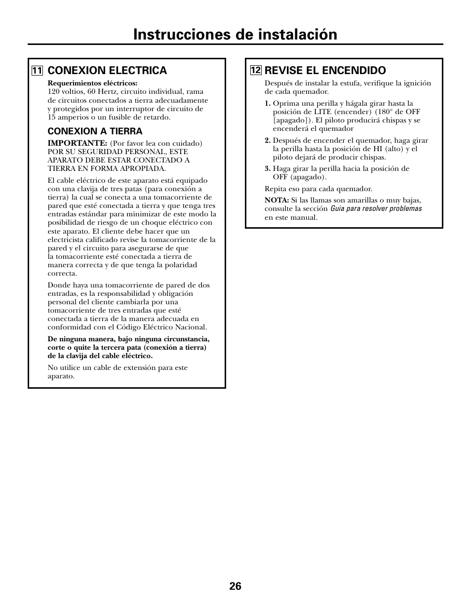 Instrucciones de instalación, Conexion electrica, Revise el encendido | GE JGP979 User Manual | Page 58 / 64