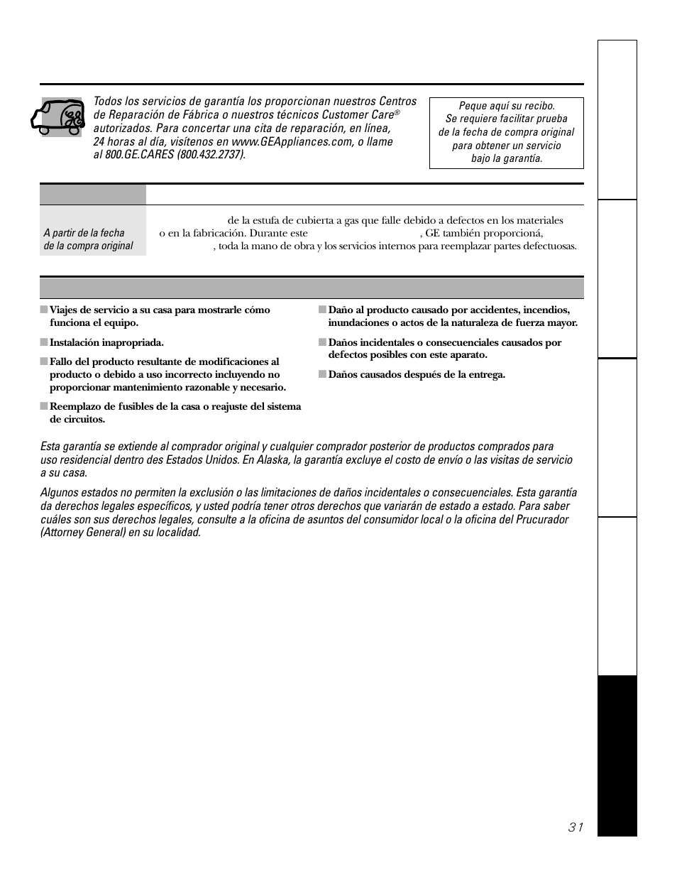 Garantía, Garantía de ge para su estufa de cubierta a gas | GE JGP979 User Manual | Page 63 / 64