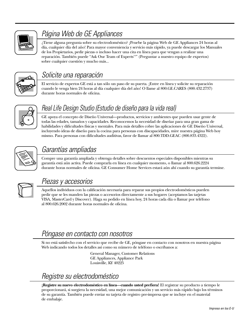 Apoyo al consumidor, Apoyo al consumidor. página web de ge appliances, Solicite una reparación | Garantías ampliadas, Piezas y accesorios, Póngase en contacto con nosotros, Registre su electrodoméstico | GE JGP979 User Manual | Page 64 / 64