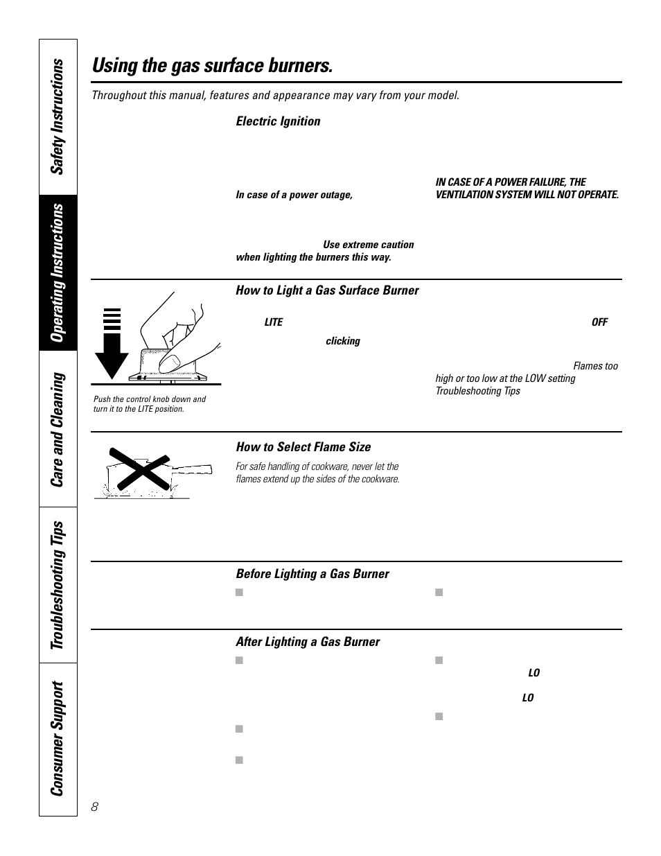 Controls, Electric ignition, Controls , 9 | Using the gas surface burners | GE JGP979 User Manual | Page 8 / 64