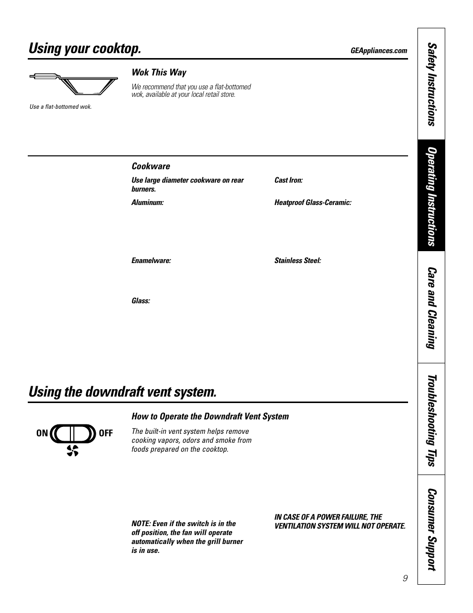 Cookware, Using your cooktop, Using the downdraft vent system | GE JGP979 User Manual | Page 9 / 64