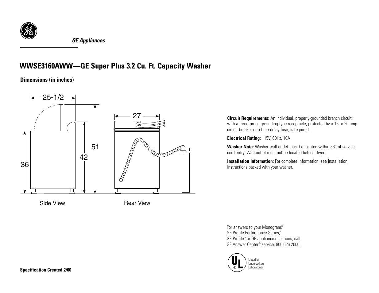 GE Profile WWSE3160AWW User Manual | 2 pages