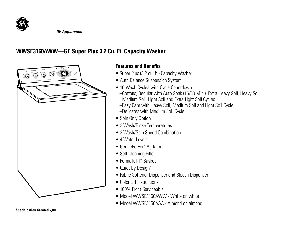 GE Profile WWSE3160AWW User Manual | Page 2 / 2