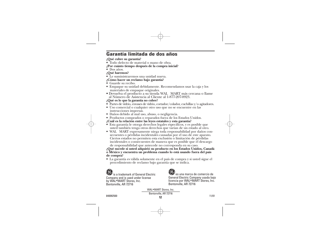Garantía limitada de dos años | GE 840092500 User Manual | Page 8 / 8