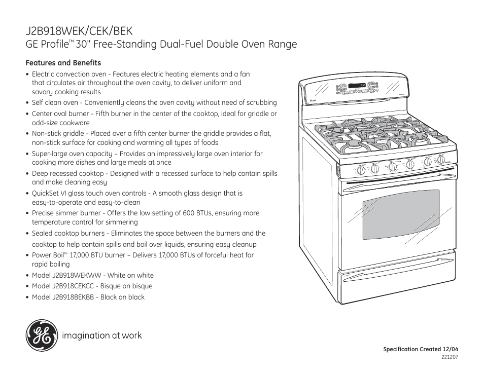 J2b918wek/cek/bek, Ge profile, 30" free-standing dual-fuel double oven range | GE PROFILE J2B918BEK User Manual | Page 2 / 2