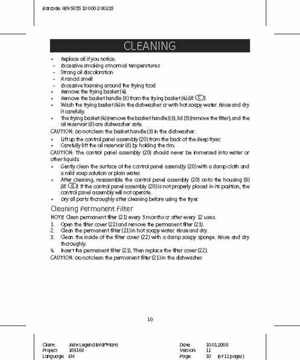 Cleaning, Cleaning permanent filter | GE 681131691680 User Manual | Page 10 / 12