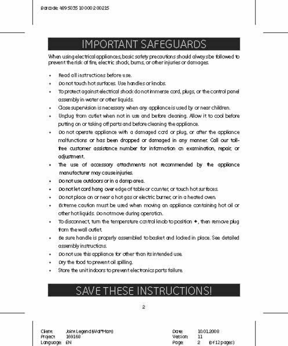 Important safeguards, Save these instructions, Va$icn 11 | GE 681131691680 User Manual | Page 2 / 12