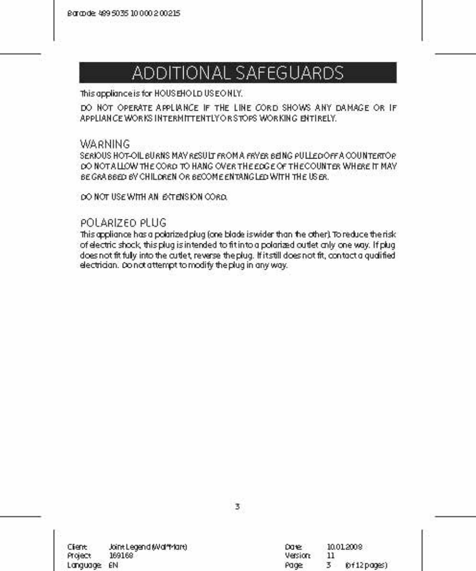 Additional safeguards, Warning, Polafilzeo plug | GE 681131691680 User Manual | Page 3 / 12