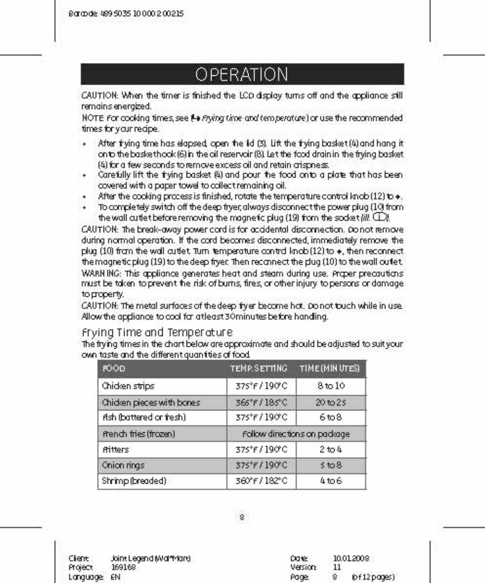 Operation, Frying time and temperature | GE 681131691680 User Manual | Page 8 / 12