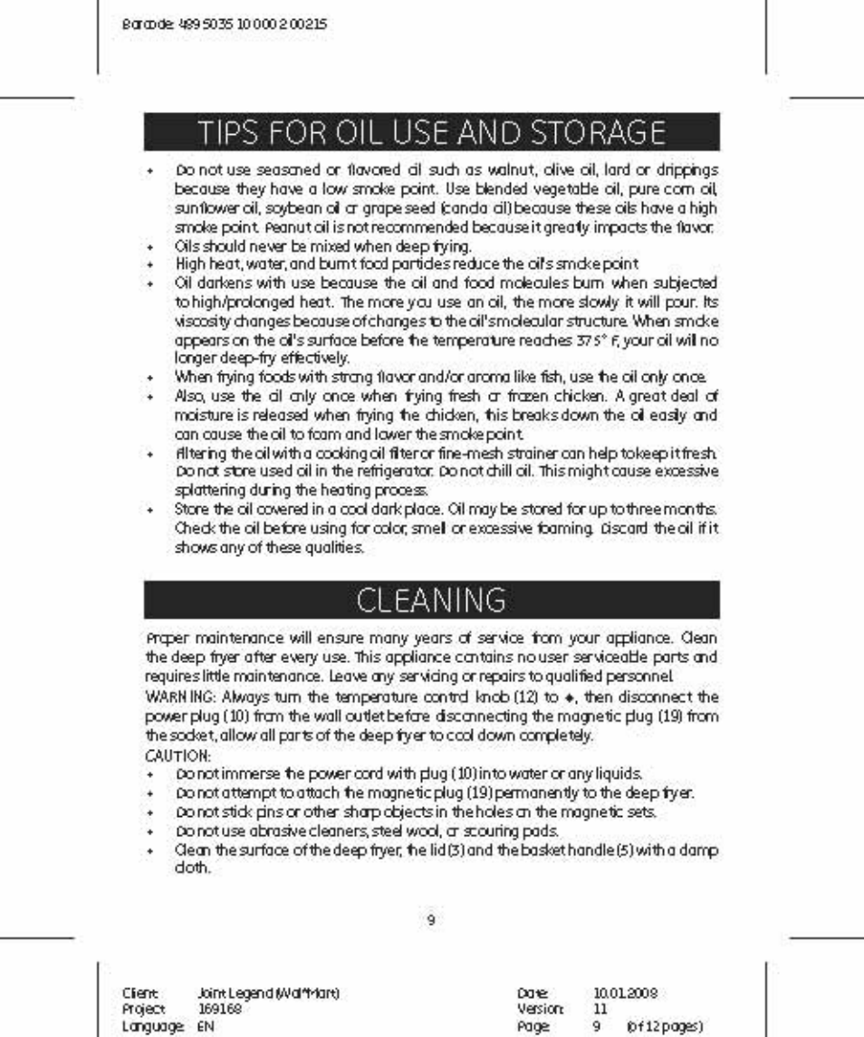 Tips for oil use and storage, Cleaning | GE 681131691680 User Manual | Page 9 / 12