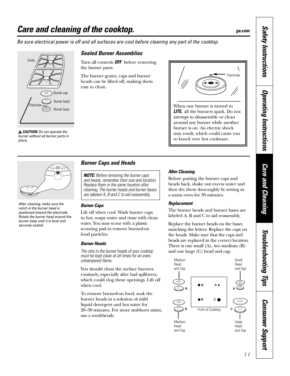 Care and cleaning, Burner assemblies, Burner caps and heads | Care and cleaning of the cooktop | GE 49-80388 12-05 JR User Manual | Page 11 / 72