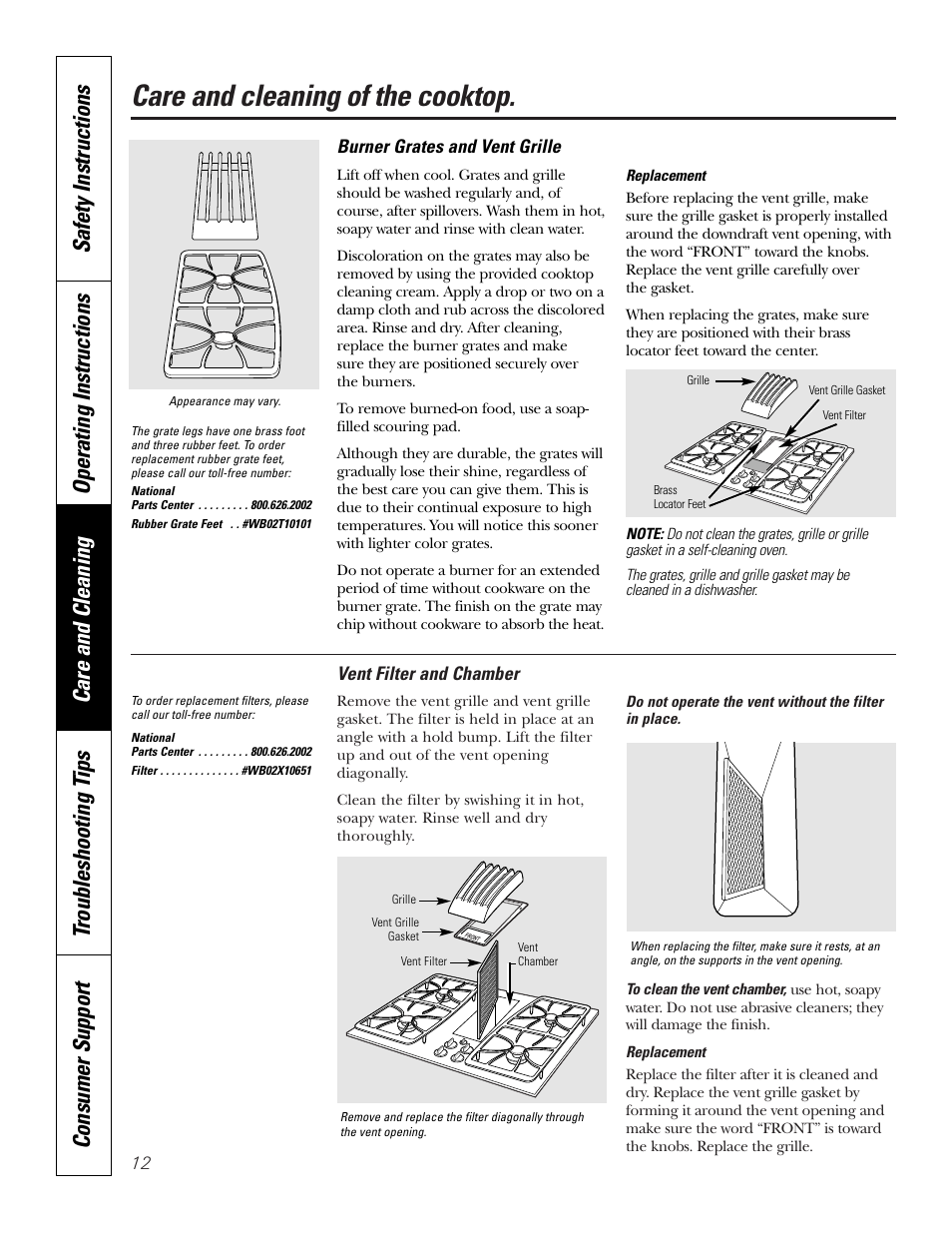Burner grates and vent grille, Vent filter, Care and cleaning of the cooktop | GE 49-80388 12-05 JR User Manual | Page 12 / 72