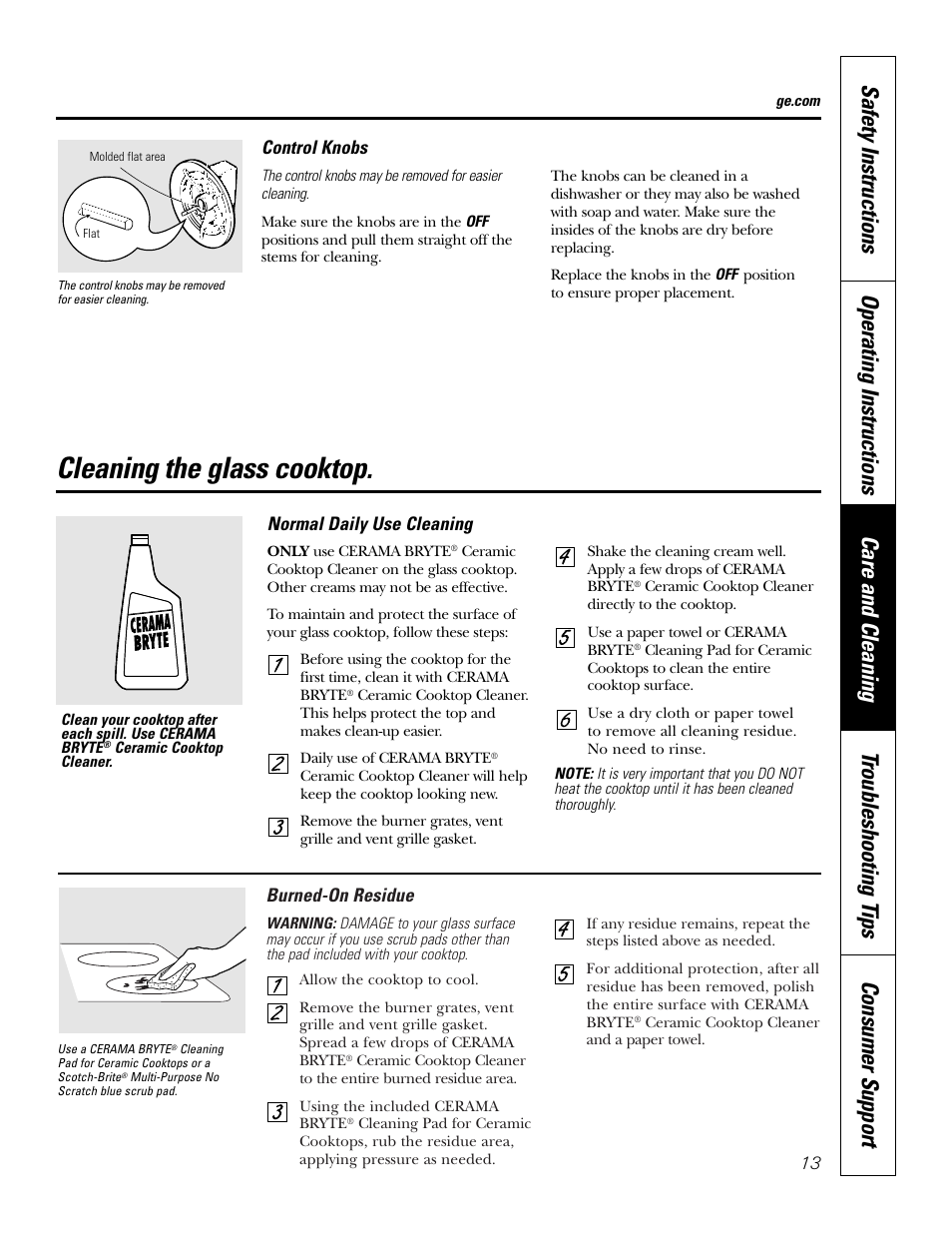 Control knobs, Glass surface, Cleaning the glass cooktop | GE 49-80388 12-05 JR User Manual | Page 13 / 72