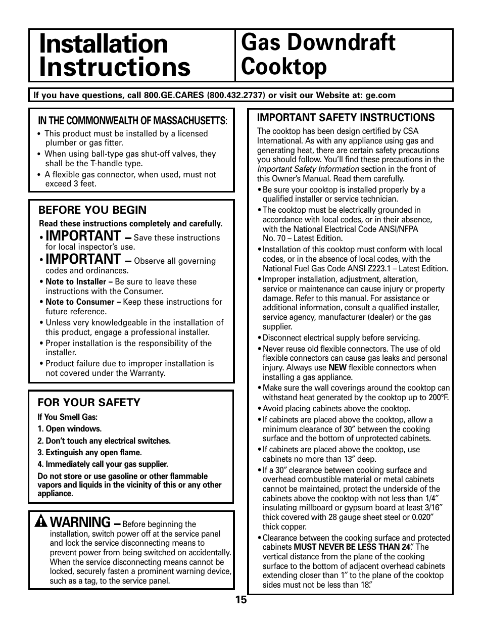 Installation instructions, Safety precautions, Installation | Instructions, Gas downdraft, Cooktop, Important, Warning | GE 49-80388 12-05 JR User Manual | Page 15 / 72