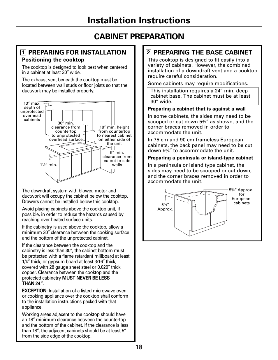 Installation instructions, Cabinet preparation, Preparing for installation | Preparing the base cabinet | GE 49-80388 12-05 JR User Manual | Page 18 / 72