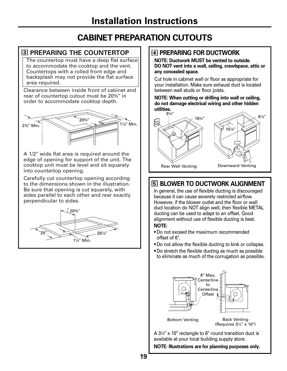 Ductwork, Ductwork –22, 27, Installation instructions | Cabinet preparation cutouts, Preparing the countertop, Preparing for ductwork, Blower to ductwork alignment | GE 49-80388 12-05 JR User Manual | Page 19 / 72
