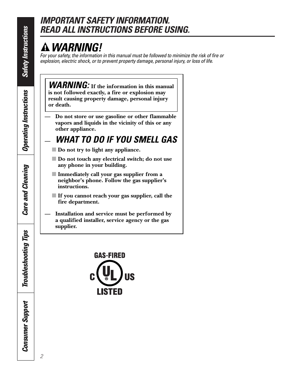 Safety instructions, Español, What to do if you smell gas | Warning | GE 49-80388 12-05 JR User Manual | Page 2 / 72