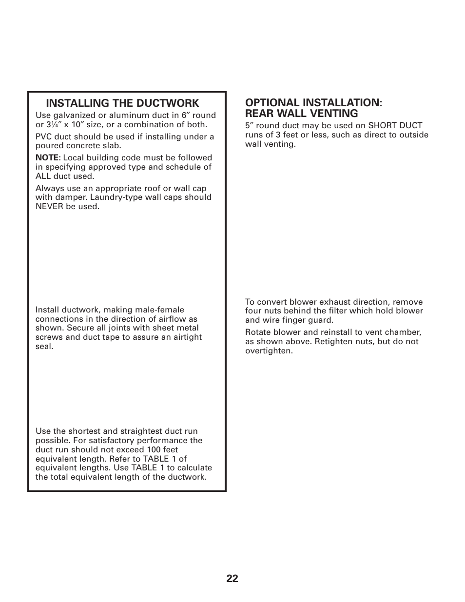 22 optional installation: rear wall venting, Installing the ductwork | GE 49-80388 12-05 JR User Manual | Page 22 / 72