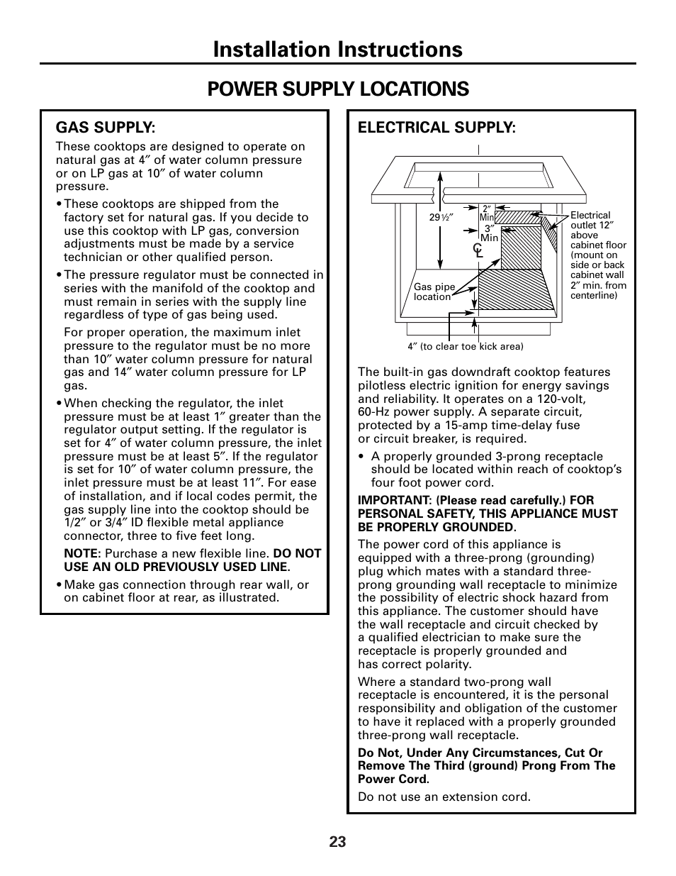 Electrical connections, Power supply, Installation instructions | Power supply locations, Electrical supply, Gas supply | GE 49-80388 12-05 JR User Manual | Page 23 / 72