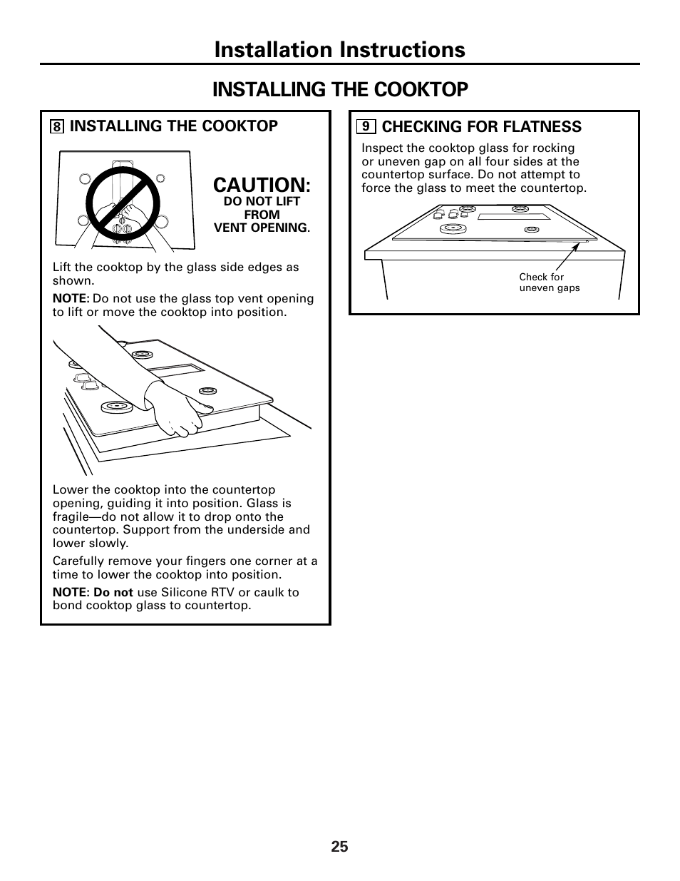Installing the cooktop, Installation instructions, Caution | GE 49-80388 12-05 JR User Manual | Page 25 / 72